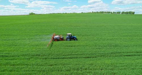 Tractor Sprays Crops in Green Agricultural Field