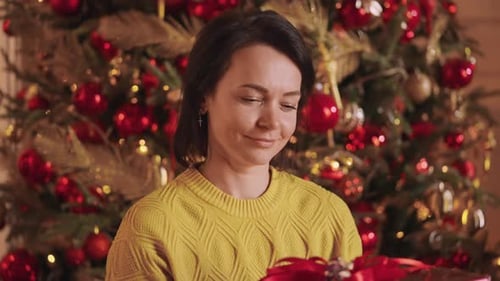 Smiling Woman With Christmas Gift in Cozy Setting