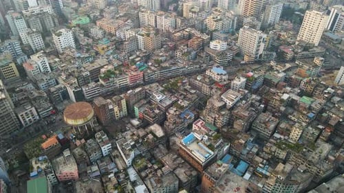 Congested dense infrastructure of a city. Aerial top view. Urbanization concept