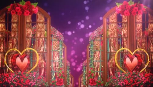 Elegant Romantic Windows Opening and Closing with Hearts and Roses Loop