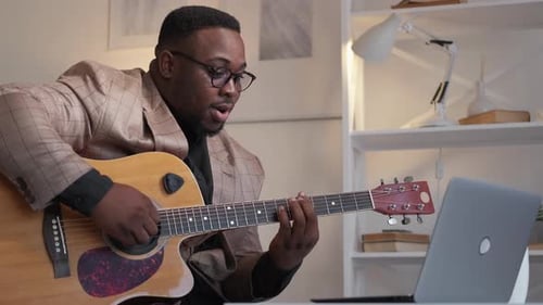 Online Music School Guitar Teacher Man Laptop Home