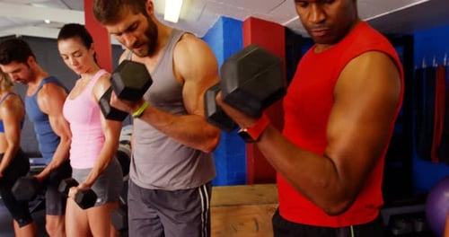 Group of Adults Lifting Weights at the Gym
