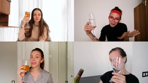 Four Women Celebrating Virtually with Champagne Toast