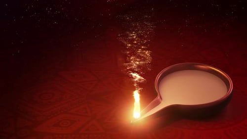 Festive Diya Lamp with Golden Sparkles and Red Pattern