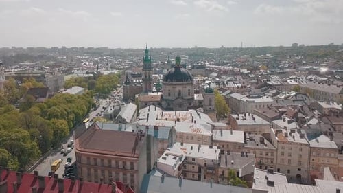 Lvov, Ukraine. Aerial City Lviv, Ukraine. Panorama of the Old Town. Dominican