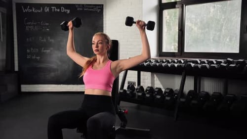 The girl does an exercise in the gym. Female athletic woman exercising shoulders with dumbbells