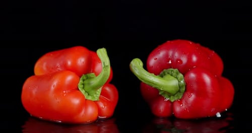 Two Fresh Red Bell Peppers with Water Droplets