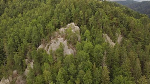 Aerial View of a Picturesque Rock Located Among the Spruce Forest in the Mountains
