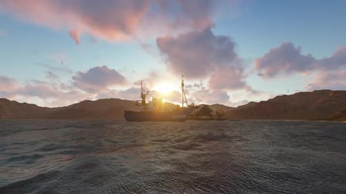 Animated Fishing Boat Sailing on Ocean at Sunset
