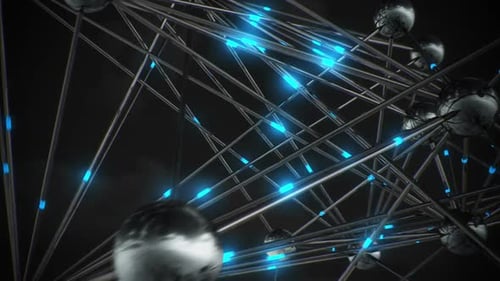 Connected black spheres sending blue impulses with digital signals. Loopable. HD