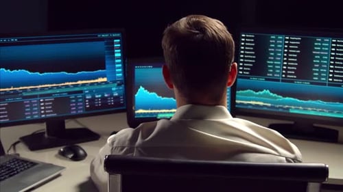 Trader working in office at night using workstation and analysis technology.