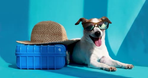 Dog Lying With Suitcase and Sun Hat