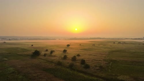 Aerial Landscape View of Sunny Morning Over Foggy Green Fields