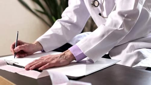 Der Kardiologe zeichnet das Ergebnis der Analyse des Kardiogramms im Krankenhaus auf.