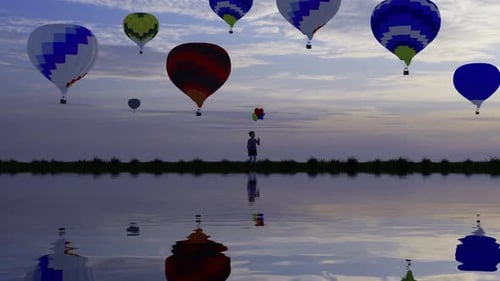Colorful Hot Air Balloons Flying Over Lake at Sunrise or Sunset