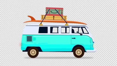 Animated Flat Design Travel Van with Surfboard