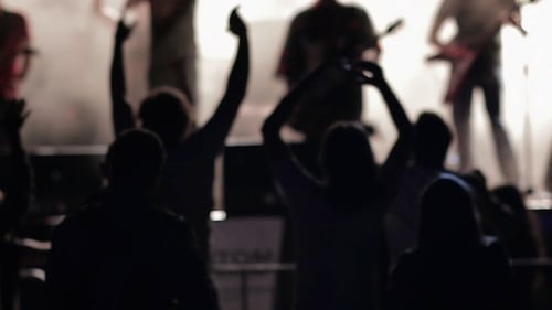 Night Concert Performance with Silhouetted Band and Crowd