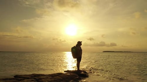 Lady enjoys life on tropical sea view beach voyage by blue green lagoon and white sandy background o