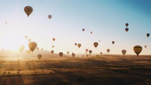 Hot Air Balloons Over Desert at Sunrise