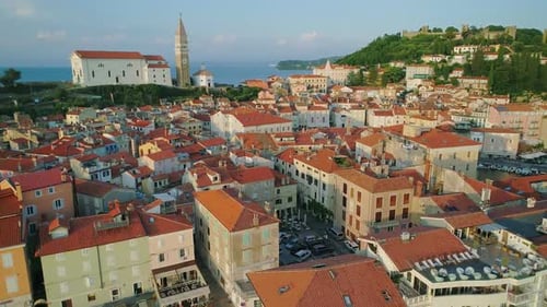 Piran the City of Resort on Adriatic Sea Coast Historical Venetian Architecture Heritage. Aerial