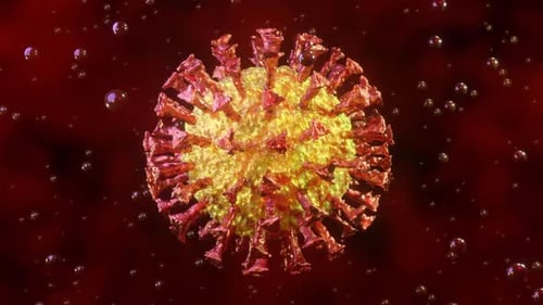 3D Animated Virus Particle Rotating in Red Fluid Background