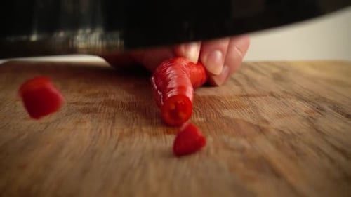 The Cook schneidet scharfen Chili-Pfeffer