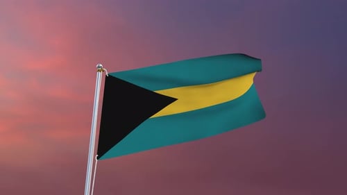 Realistic 3D Animation of Bahamas Flag Waving Against Sunset