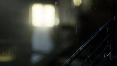 Dramatic Rain at Night with Urban Metal Railing