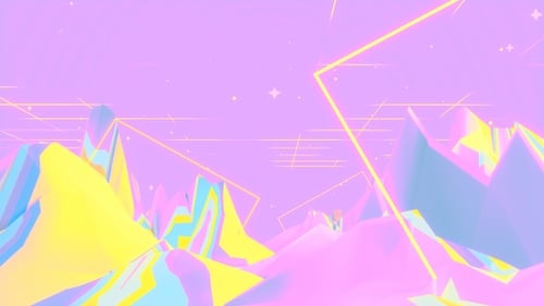 Retro Synthwave Landscape with Abstract Neon Grid and Geometric Mountains