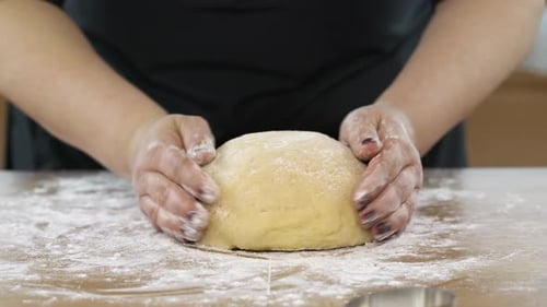 Female Baker Cook Bread, Close Up Hands Kneading Raw Dough Ball on Wooden Table