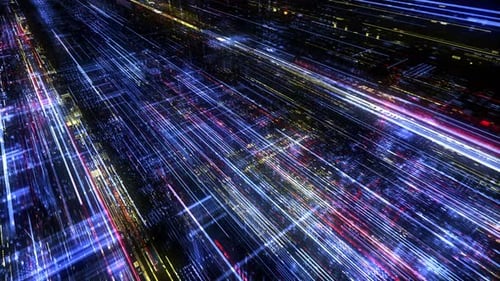 Abstract digital virtual city with technology and connection. 3D render 4K loop