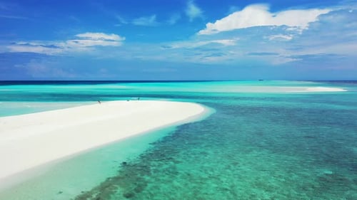 Tropical drone travel shot of a sandy white paradise beach and blue sea background in best quality 4
