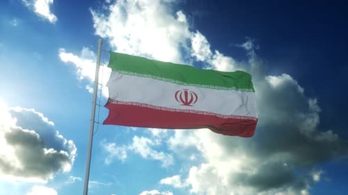 Realistic Waving Iran Flag with Blue Sky and Clouds