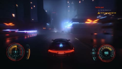 Speed racing fake 3D Video game with HUD, Neon style city