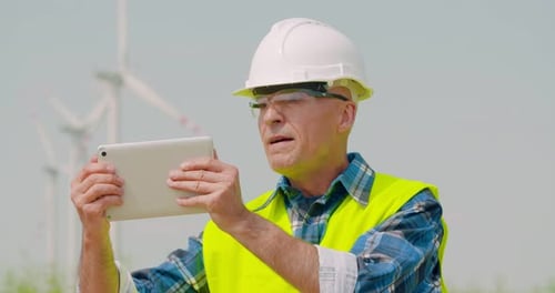 Male Engineer Video Conferencing Against Windmills
