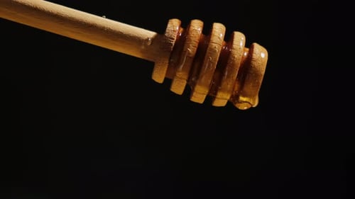 Honey dripping from wooden honey dipper
