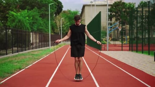 Fit Bearded Man Standing on Running Track Outdoors on Modern Stadium Doing Exercise with Skipping