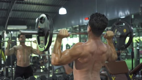 Portrait of strong caucasian man lifting dumbbells, doing exercise, working out, and training