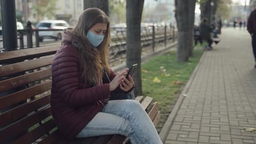 Woman Wearing Face Mask To Protect Against Covid-19 Virus Walking City