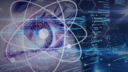Science Composition Animated eye with coded text combined with abstract illustrations