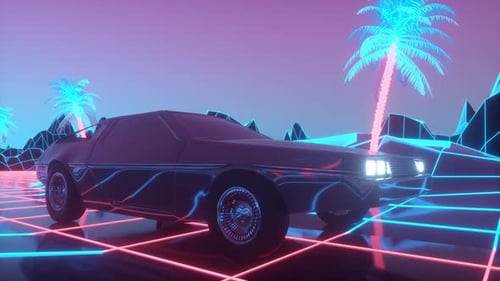 80s Style Retro Futuristic Car on Neon Grid Animation