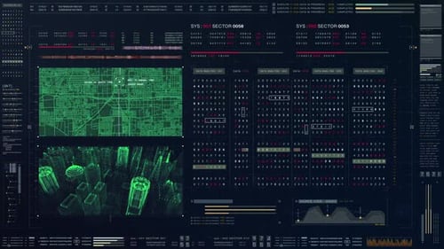 Futuristic HUD Display with Data Analysis and City Map