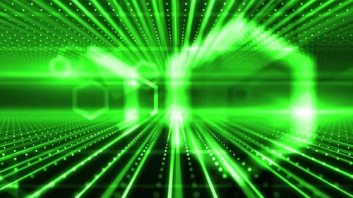 Futuristic Digital Grid Background with Glowing Green Hexagons and Lines
