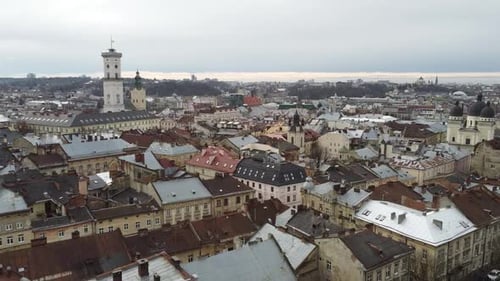 Aerial view of a drone flying over the building.