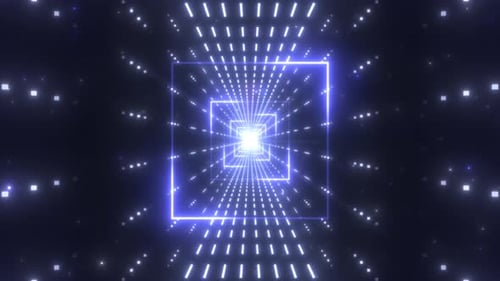 Futuristic Neon Lights Flashing Tunnel of Endless Blue Glow Squares - 4K