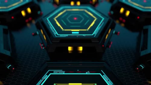 Futuristic Digital Tunnel with Glowing Hexagon Grid Animation