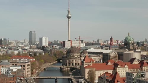 AERIAL: Wide View of Empty Berlin with Spree River and Museums and View of Alexanderplatz TV Tower