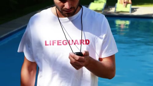 Poolside Lifeguard Holding Device on Sunny Day