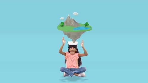 Mädchen nutzt Virtual-Reality-Headset mit digital generierten Reisesymbolen 4k