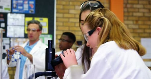 Schoolkids doing experiment on microscope 4k